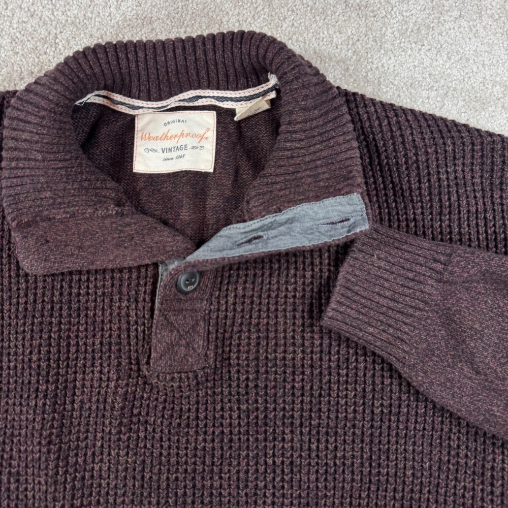 Weatherproof Vintage Mens Large Waffle Knit Mock Neck Button Sweater Burgundy